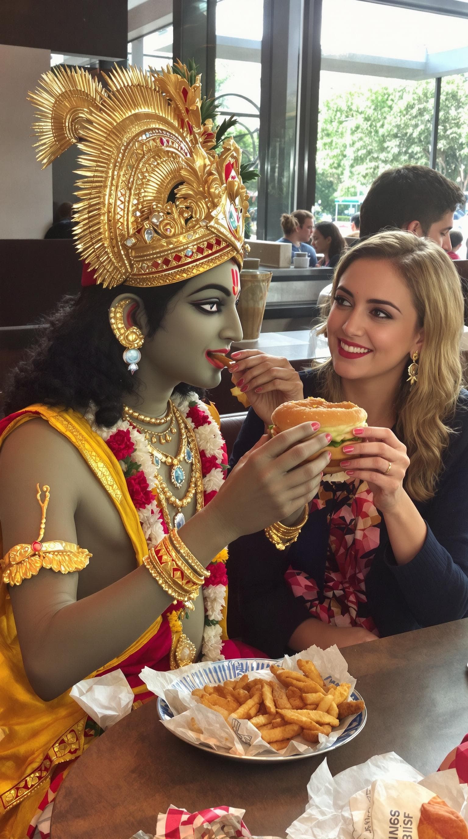 AI generated: Lord Shri Krishna Eating a burger on a date with a British Actress at McDonald's