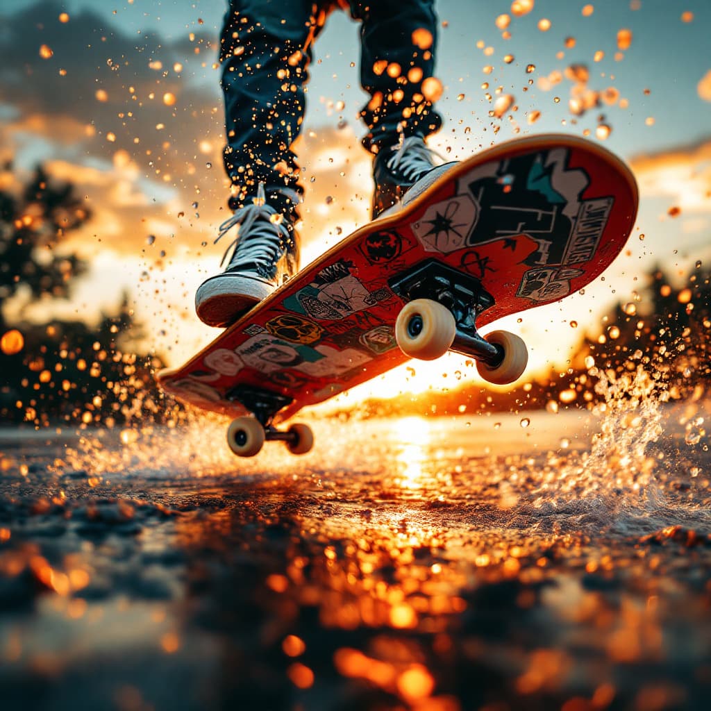 AI generated: dynamic, high-speed action, encapsulated in a warm, vibrant sunset backdrop, a tight crop focusing o...