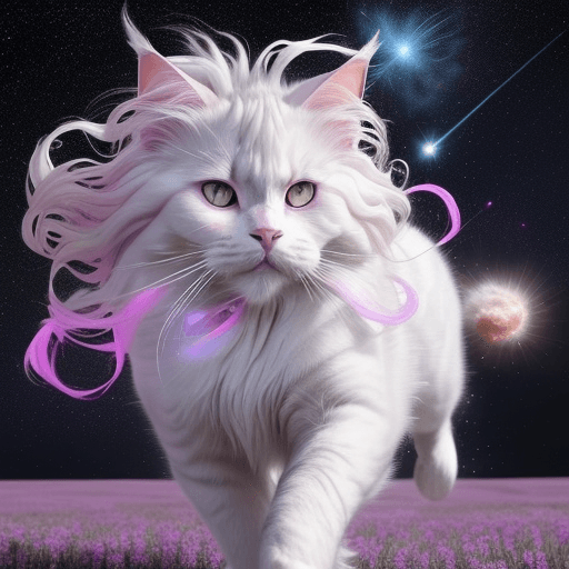 AI generated: Please generate an image of a celestial Mainecoon White Cat with a mane that flows like a river of s...