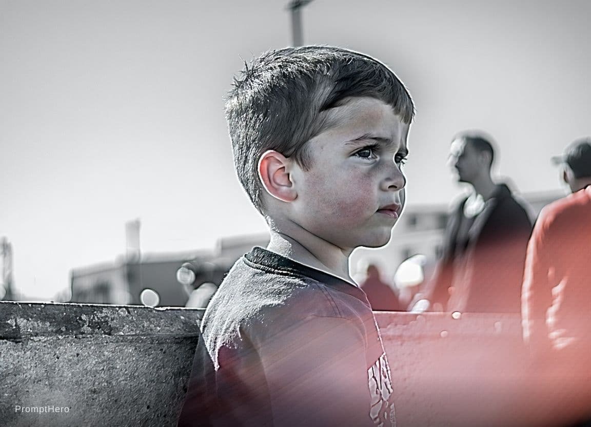 AI generated: black and white photography in style by Bruce Davidson, young boy sadly looks aside, highres, realis...