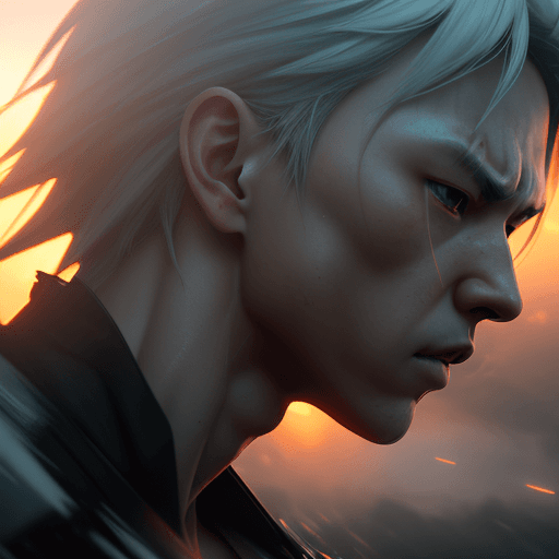 AI generated: Zenitsu using thunder breathing, dramatic light, pale sunrise, cinematic lighting, battered, low ang...