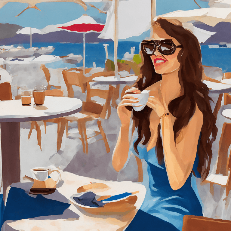 AI generated: mid shot, dynamic angle, girl drinking 1coffee at a cafe in st tropez, south of france, (french:0.3,...