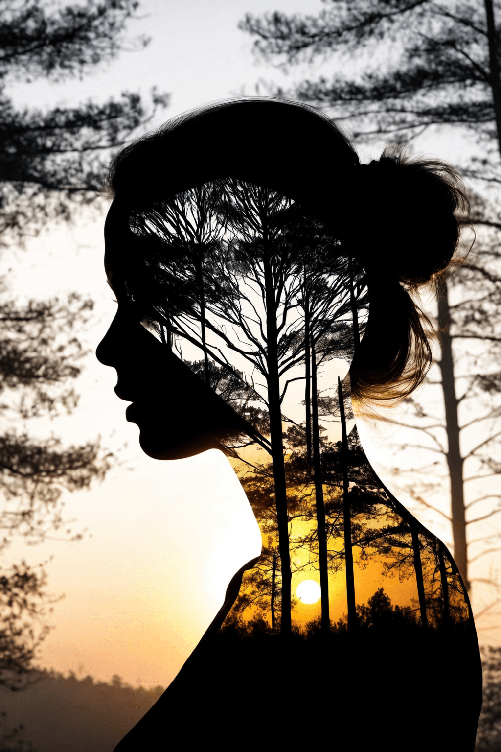 AI generated: High quality, 4K Ultra HD. double exposure that combines a girl upper body silhouette with a sunrise...