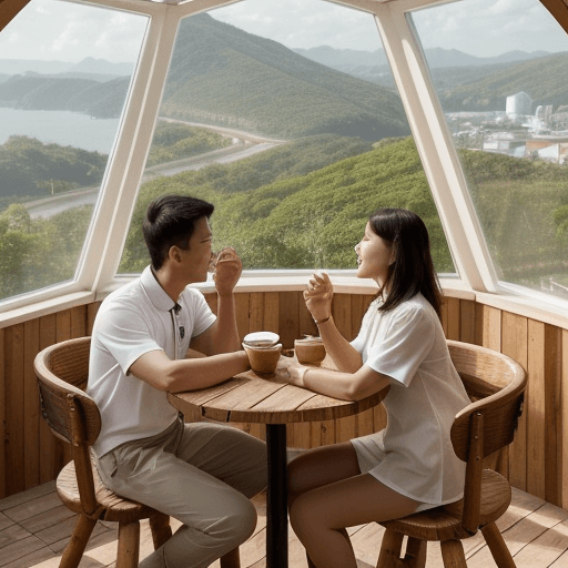 AI generated: Inside a geodesic dome cafe, add an Asian couple having a coffee date by a panoramic bay window. The...