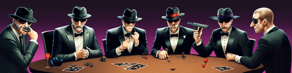 AI generated: mafia,Table,gun,Citizen,Mafia verbal analysis face-to-face game,The mask and night phase of the in-p...
