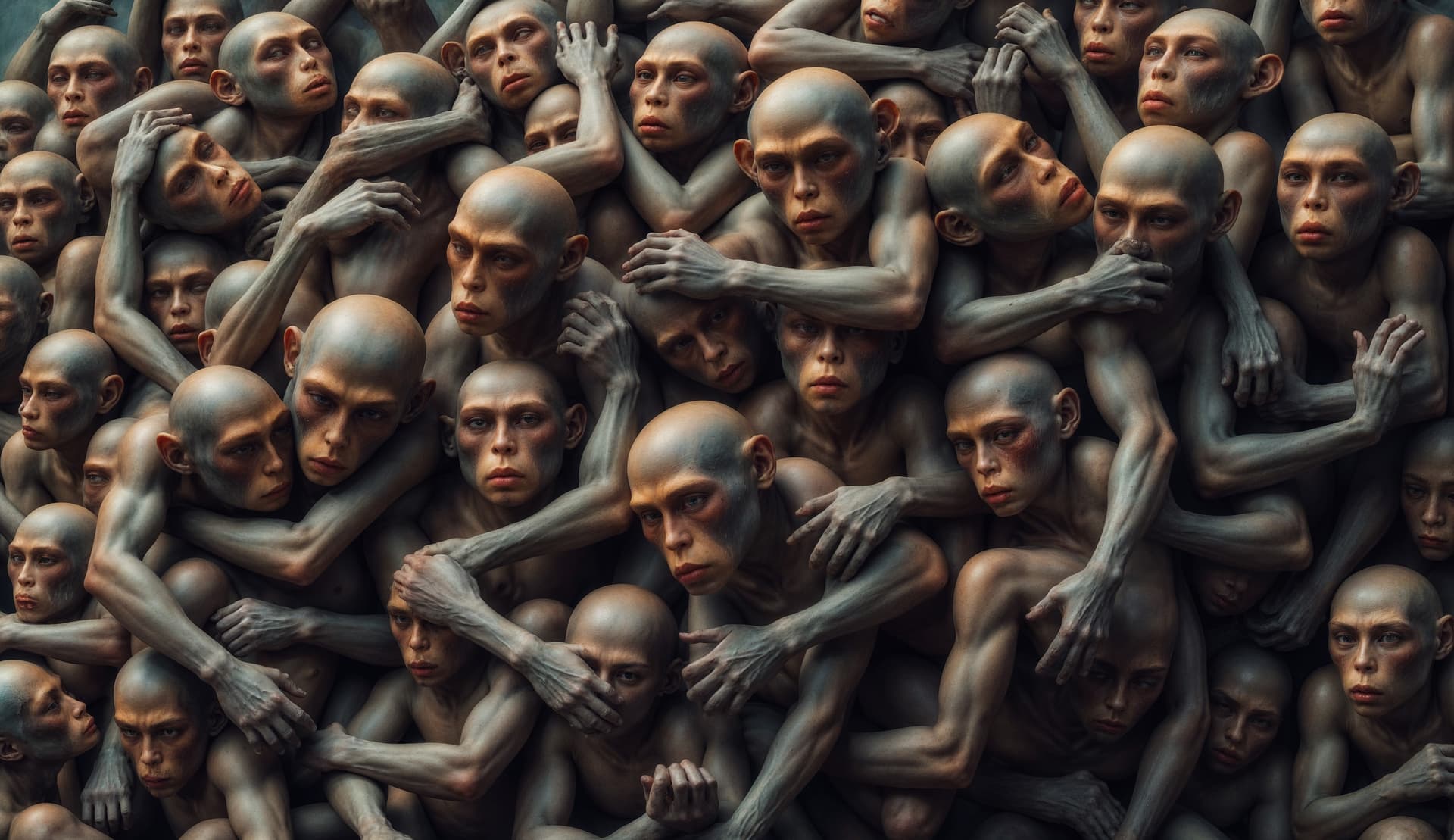 AI generated: Surreal art of primal bodies intertwined into one mass.