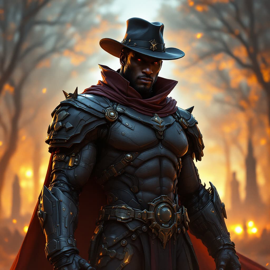 AI generated: photo of a black muscular man with cyberlimbs, armored mantle, hat, cyberpunk park at dawn backgroun...