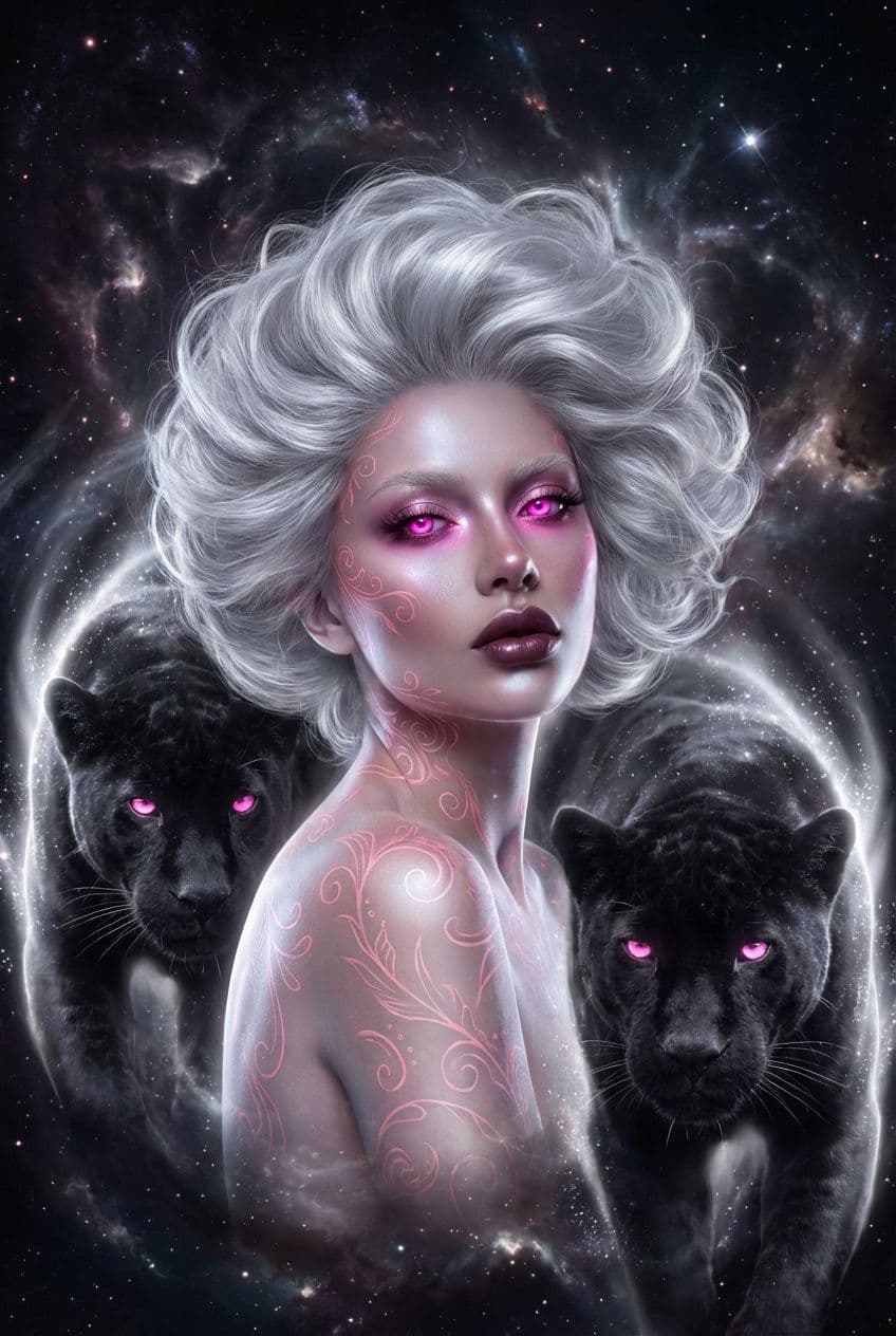 AI generated: a striking portrait of a woman, white thick silver white hair, her eyes are vivid pink, full lips, l...