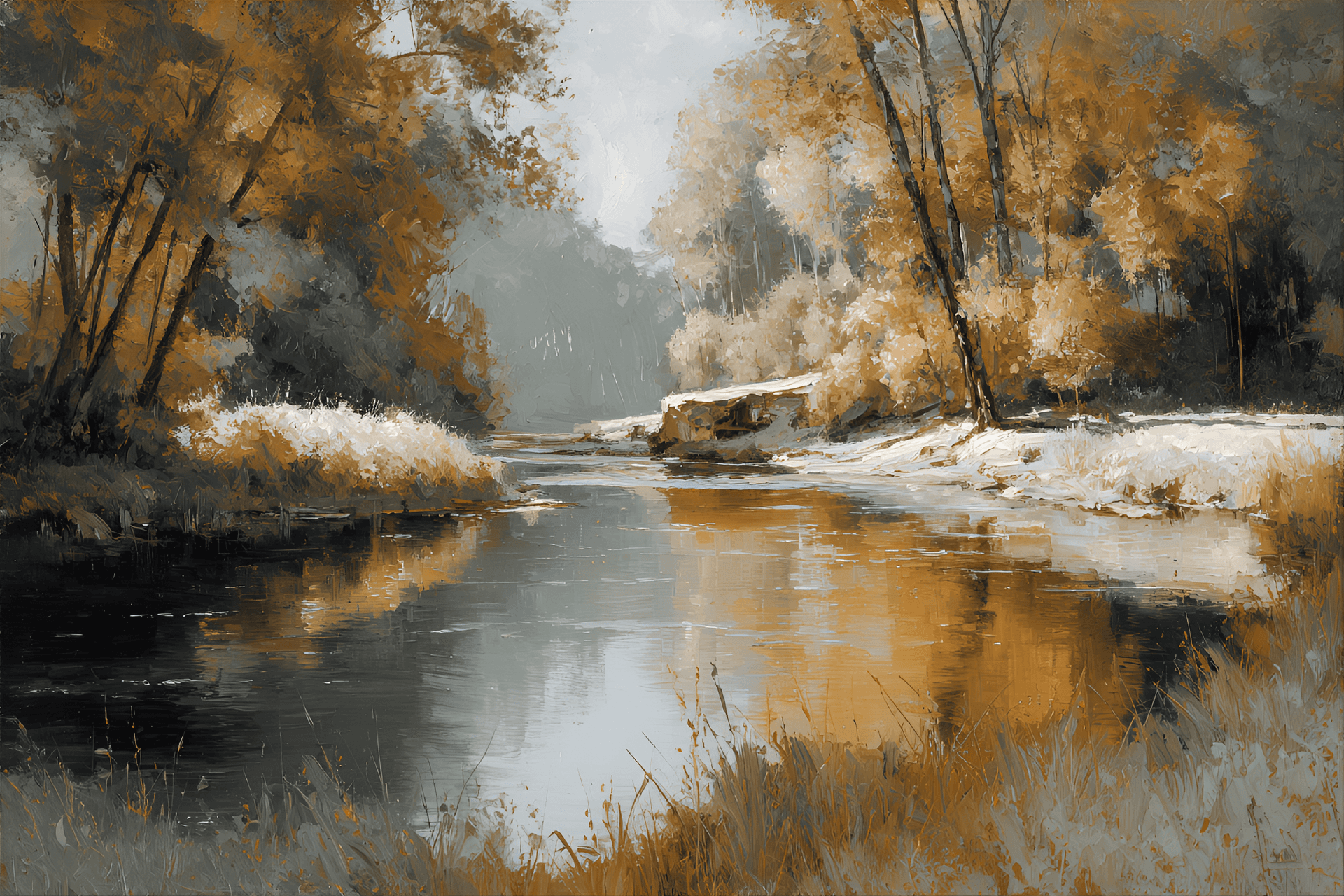 AI generated: serene landscape featuring a river
in the morning, with a warm and earthy color palette, and
delic...