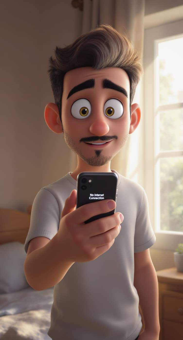 AI generated: 3D cartoon character, Arab young man, vertical 9:16, standing in a simple bedroom in the morning, so...