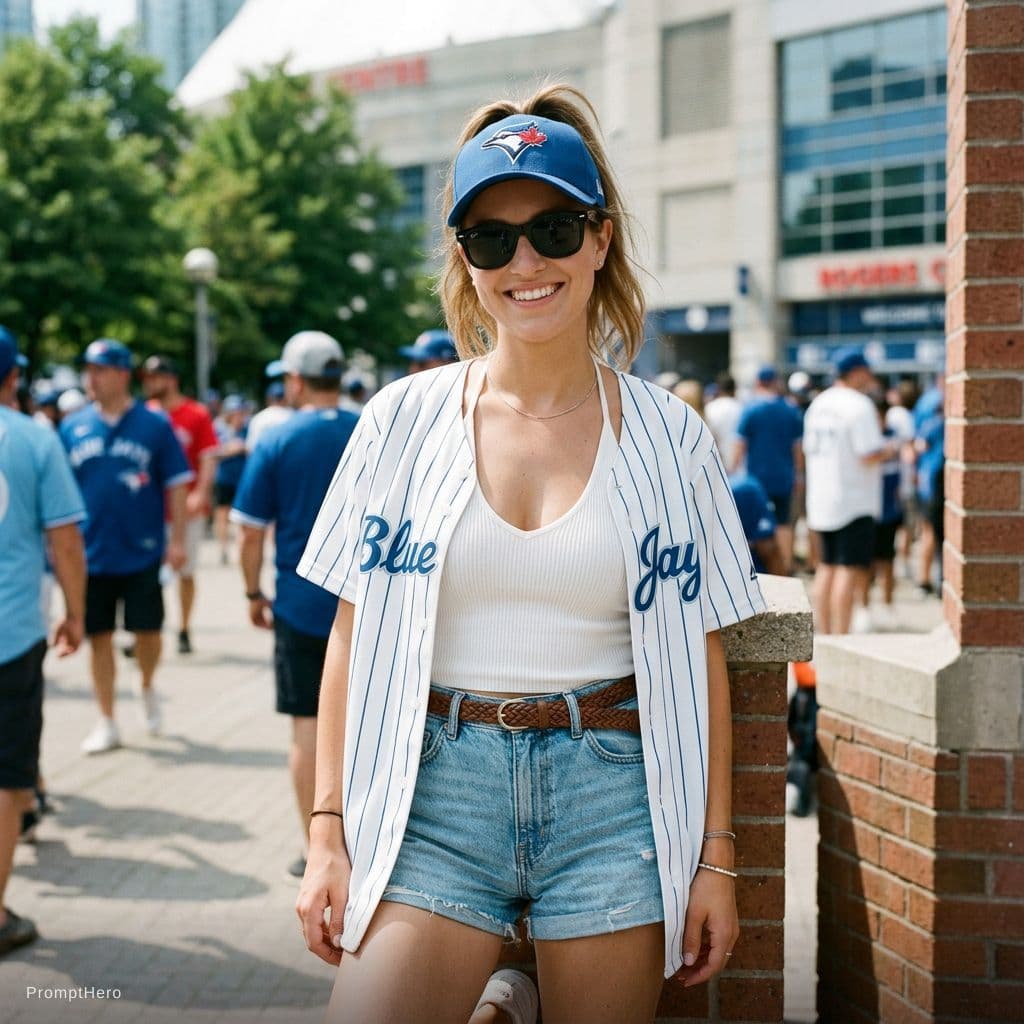 AI generated: New clear upscale unique image of our model wearing a Open toronto bluejays baseball jersey with a w...