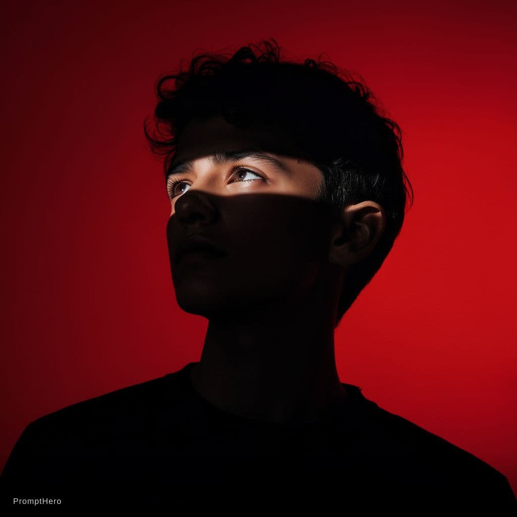 AI generated: Ultra-realistic studio portrait of a young man against a bold solid red background, upper-torso fram...