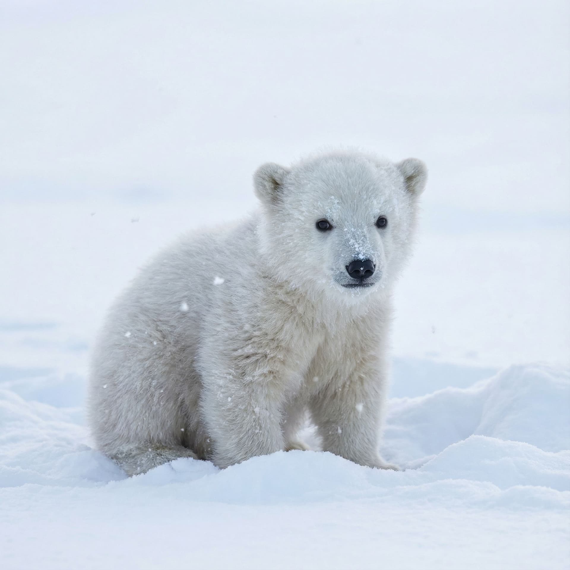 AI generated: A fluffy bear cub with a frosty coat, sitting in a serene snowy landscape. The cub’s fur glistens wi...