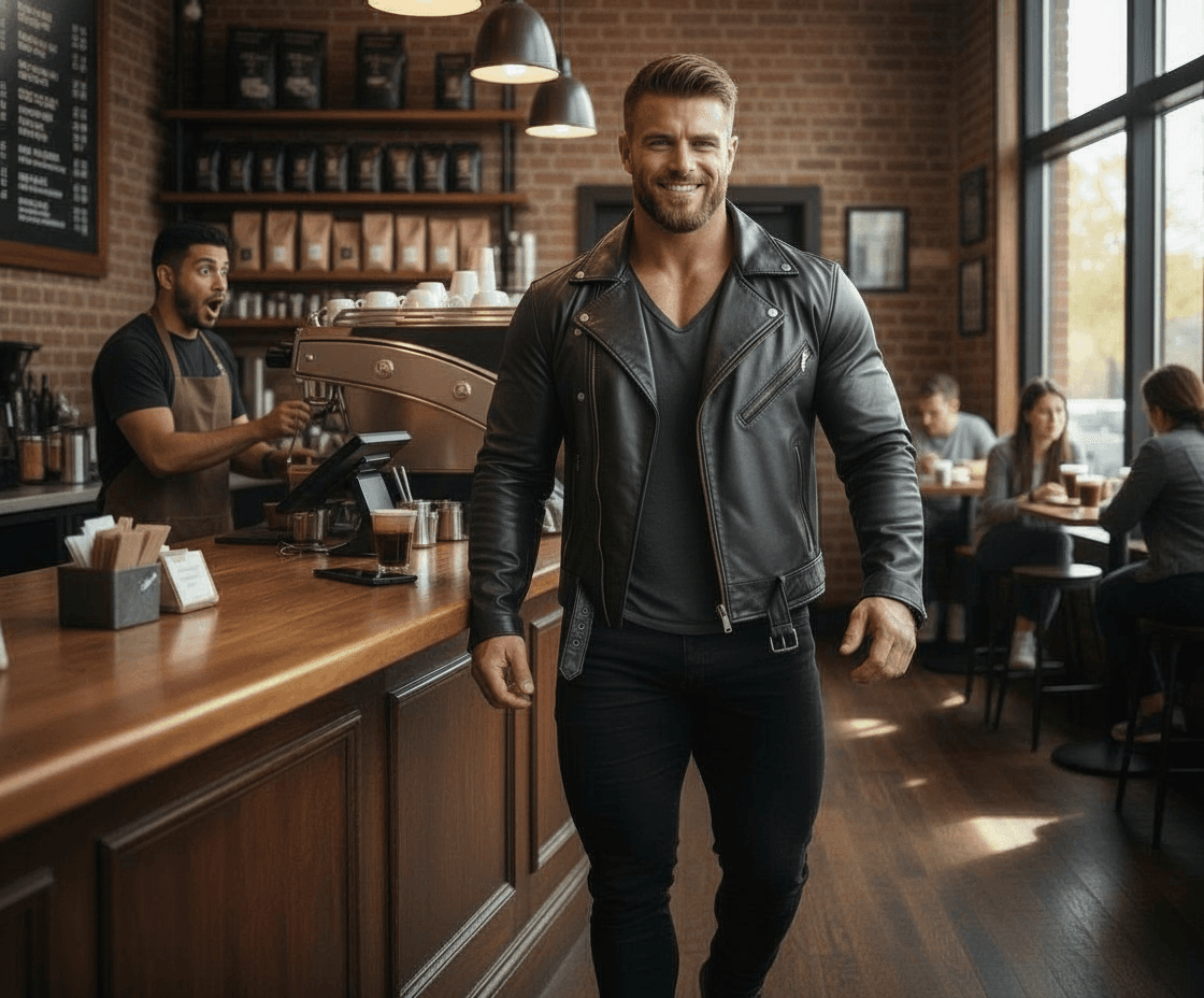 AI generated: Change the leather jacket and shirt color to black. No necklace. The Hispanic barista wears a brown ...
