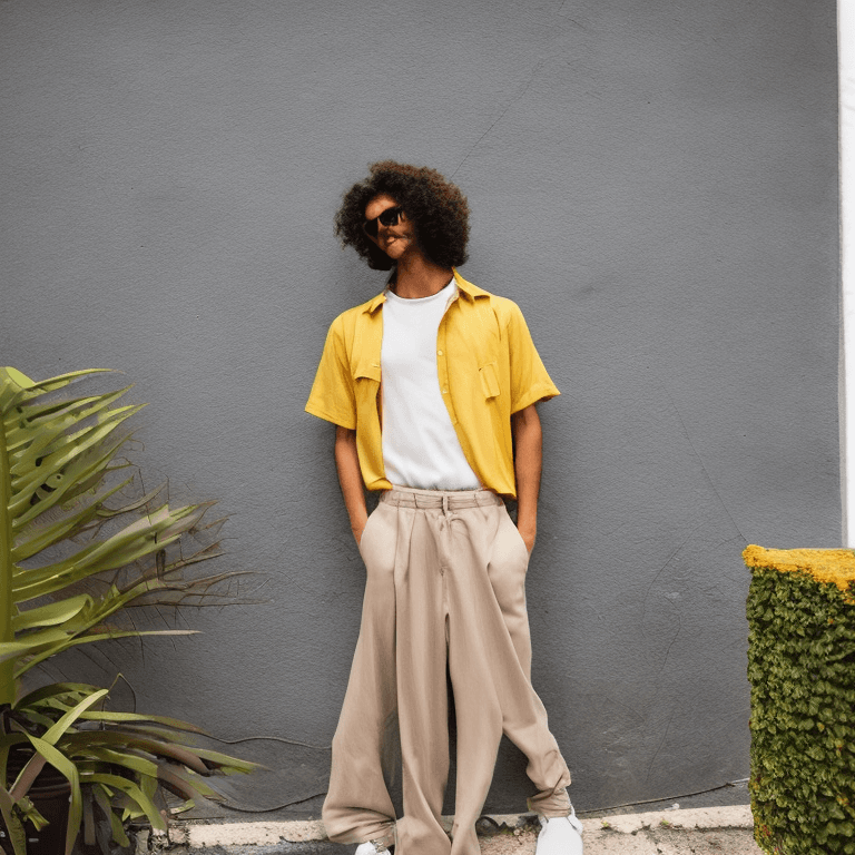 AI generated: A young man, with a Arabian appearance and tousled curly hair, leans against a yellow storefront, hi...