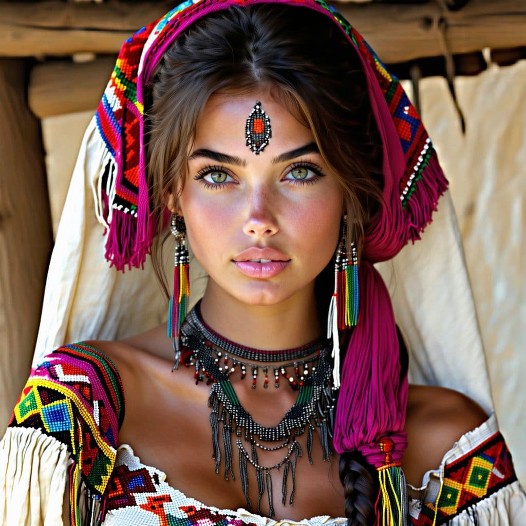 AI generated: Beautiful looking gypsy greek girl, the whole face, shoulders and chest are pierced with openwork th...