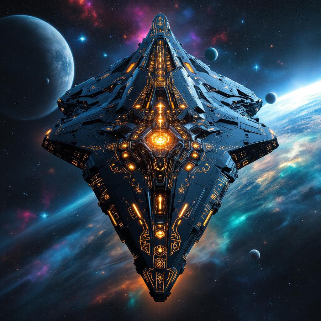 AI generated: Imagine, in detail, an alien spaceship to show a new design. An alien Mega Supercarrier. Show it in ...