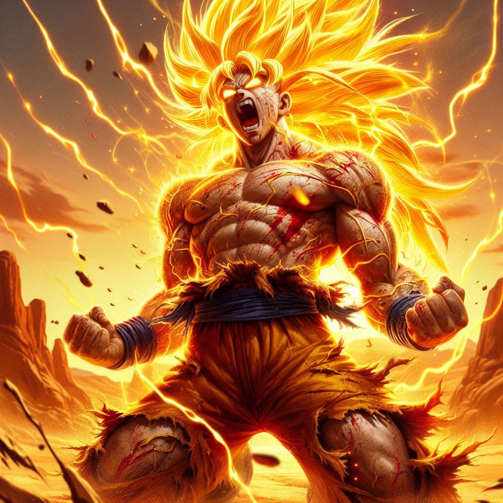 AI generated: Dbz: Goku like character, extra long yellow hair, fighting at war, extrame rage, berserk, screaming,...