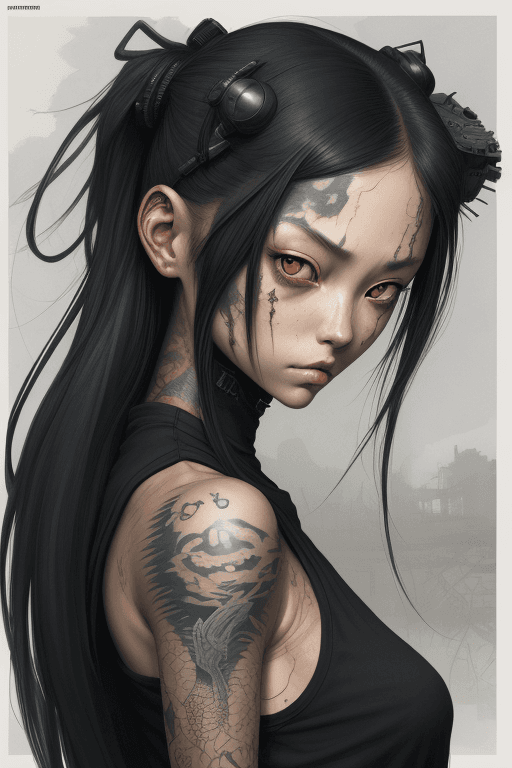 AI generated: a girl with tattoos on her black, in the style of Kim Jung gi, joran raukes, Miho Hirano intense gaz...