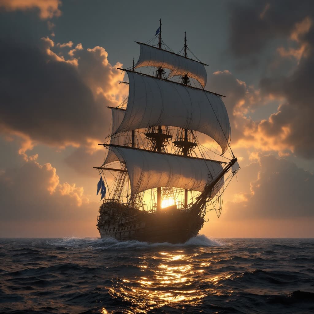 AI generated: Photo of a ultra realistic sailing ship, dramatic light, pale sunrise, cinematic lighting, battered,...