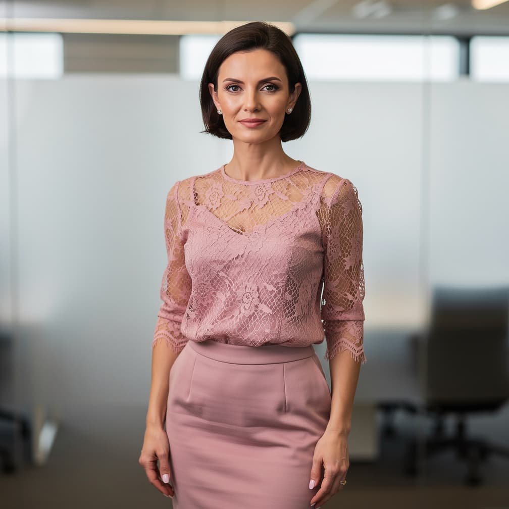 AI generated: A portrait of a nude milf with short dark brown hair, standing in a office, wearing only a pink lace...
