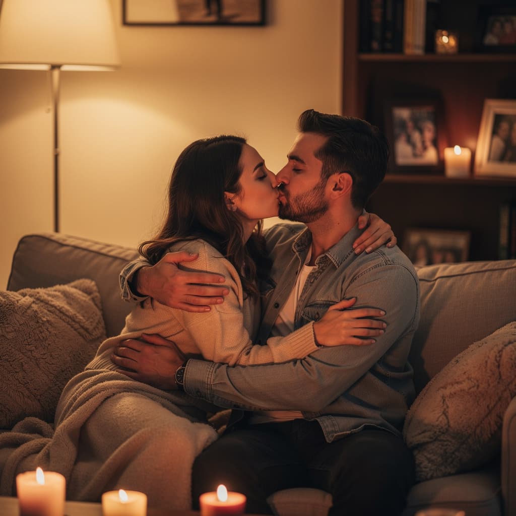 AI generated: Romance at bed 
Woman kiss lips 
Man press boobs 