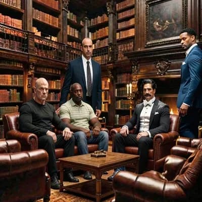 AI generated video: Preserve the grand library chamber in warm stillness. No camera movement. 

At opening: 

All seated...