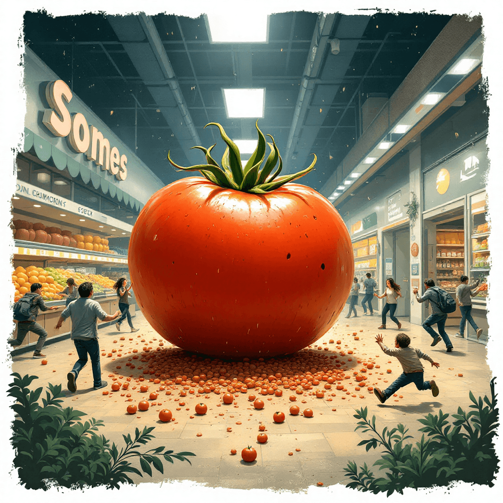 AI generated: a giant tomato on the ground chasing after people store ,  the customers are running away from it 
 ...