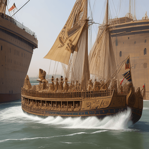 AI generated: An Ancient Egyptian-themed ship sails down the river. On board is a director, indicating the directi...