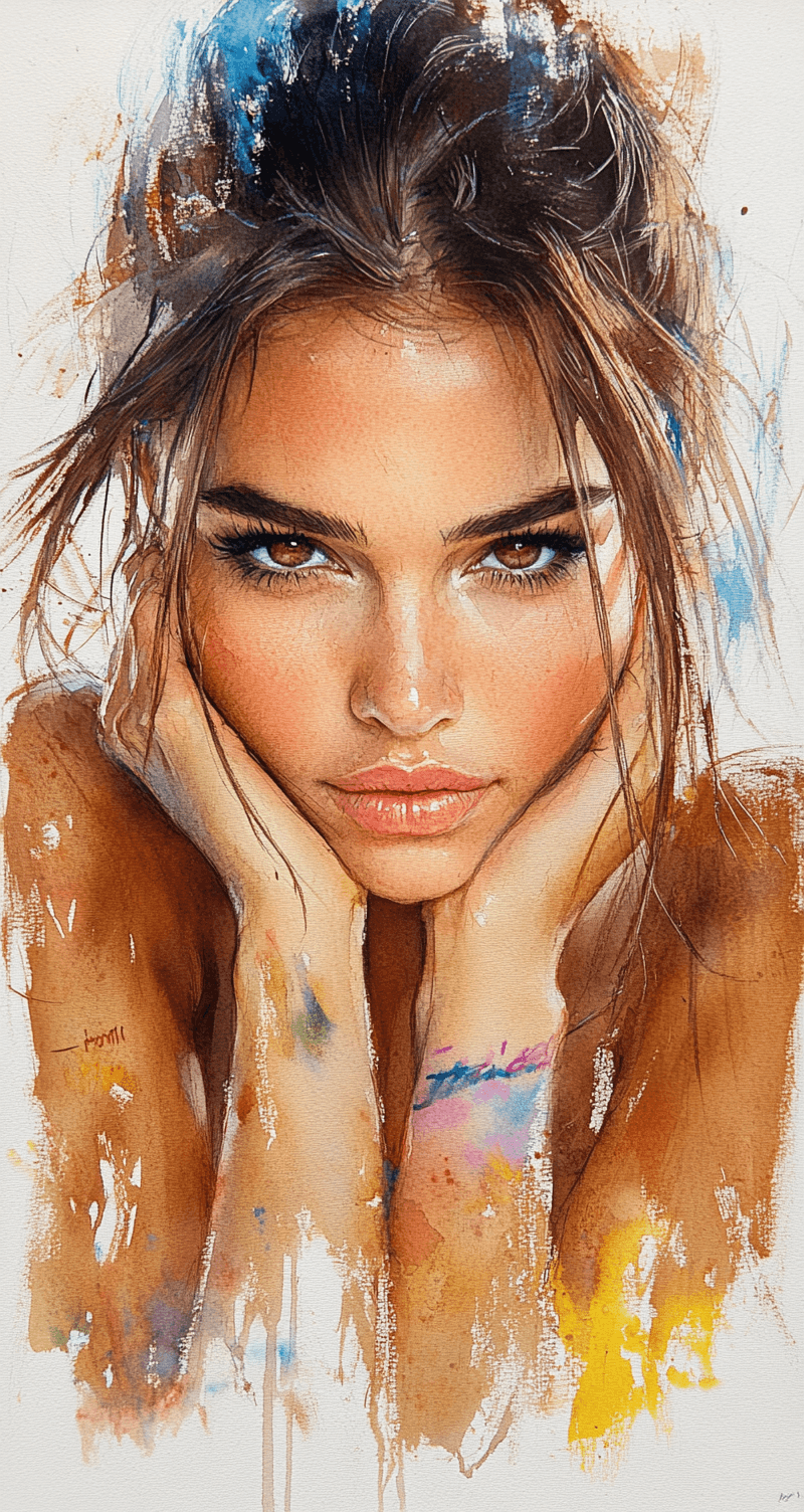 AI generated: a painting of a brown-haired woman, brown eyes, delicate washes, impressionist lightness, crisp and ...