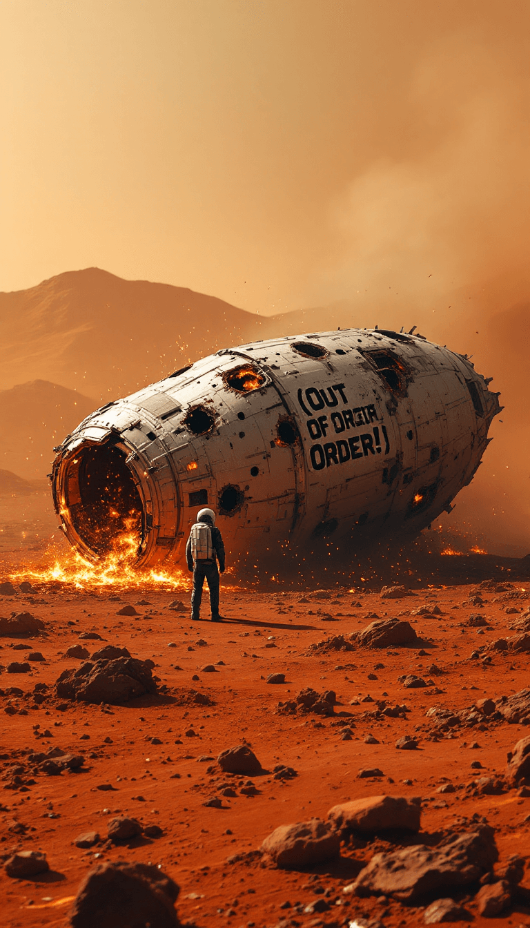 AI generated: On the red Mars surface, a wrecked starship lies on its side, its hull riddled with holes, and engul...