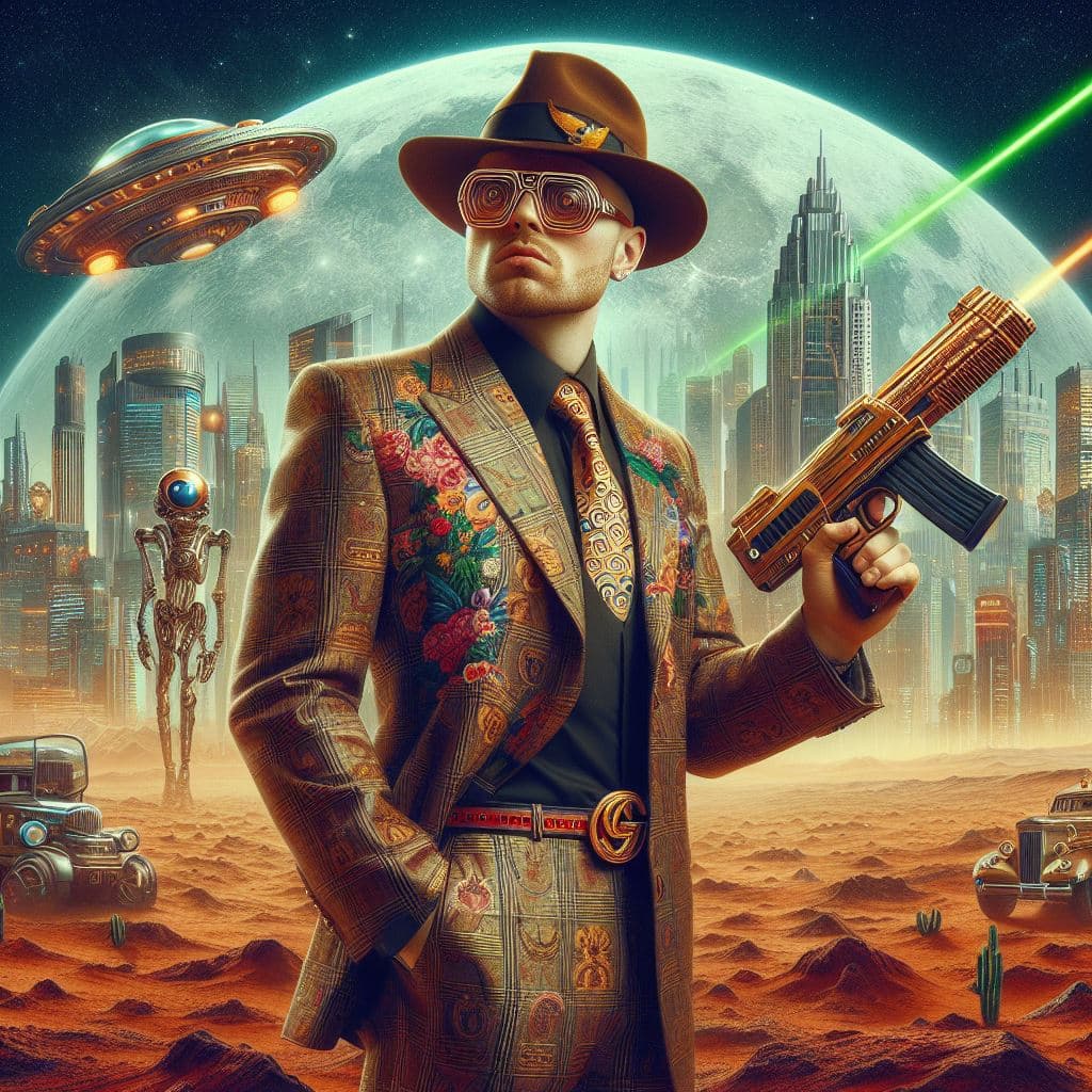 AI generated: 1930's style Mafia gangster dressed in a Gucci suit, epic posing with lasergun, retrofuturistic futu...