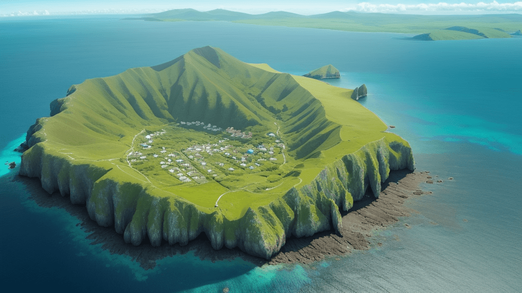 AI generated: bird's eye view high up looking down of a simple island. you can see the mainland in the background....