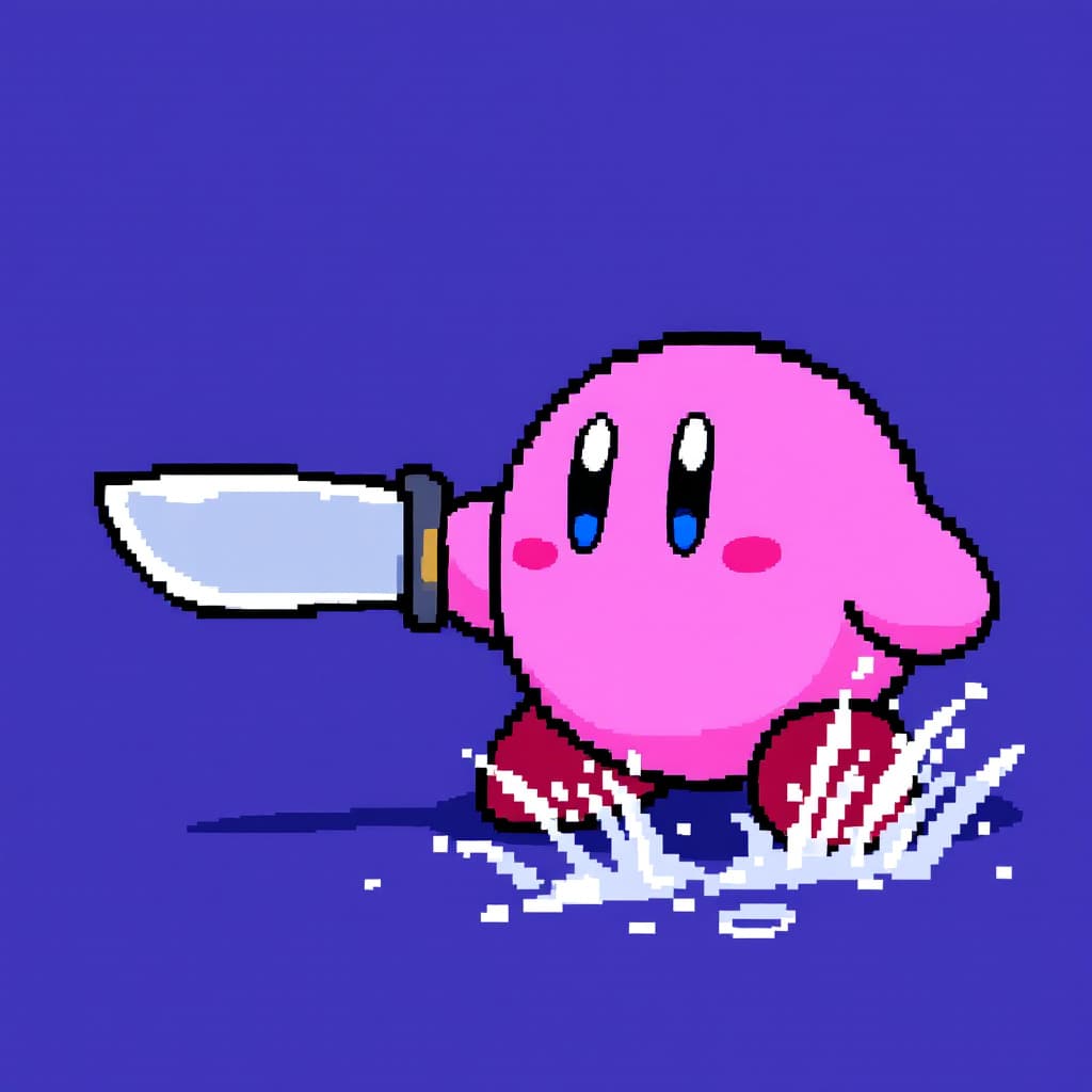 AI generated: Kirby with a knife Smile no 8 bits 


