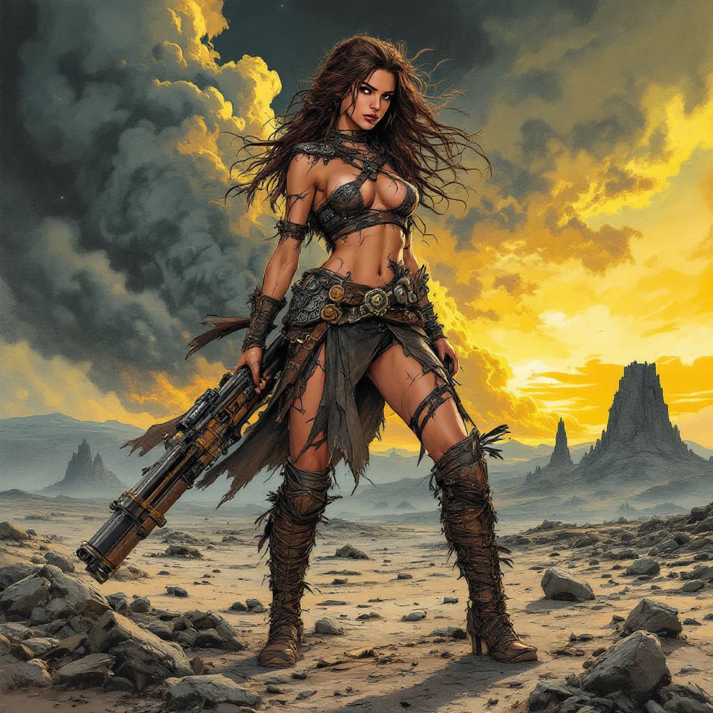 AI generated: Comic book illustration, full body shot 3/4 view of a gritty post-apocalyptic young beautiful Europe...