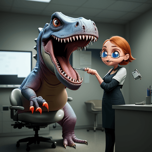 AI generated: dentist dinosaur, tiny character, cartoonish, big eyes, with dental instruments that help maneuver, ...