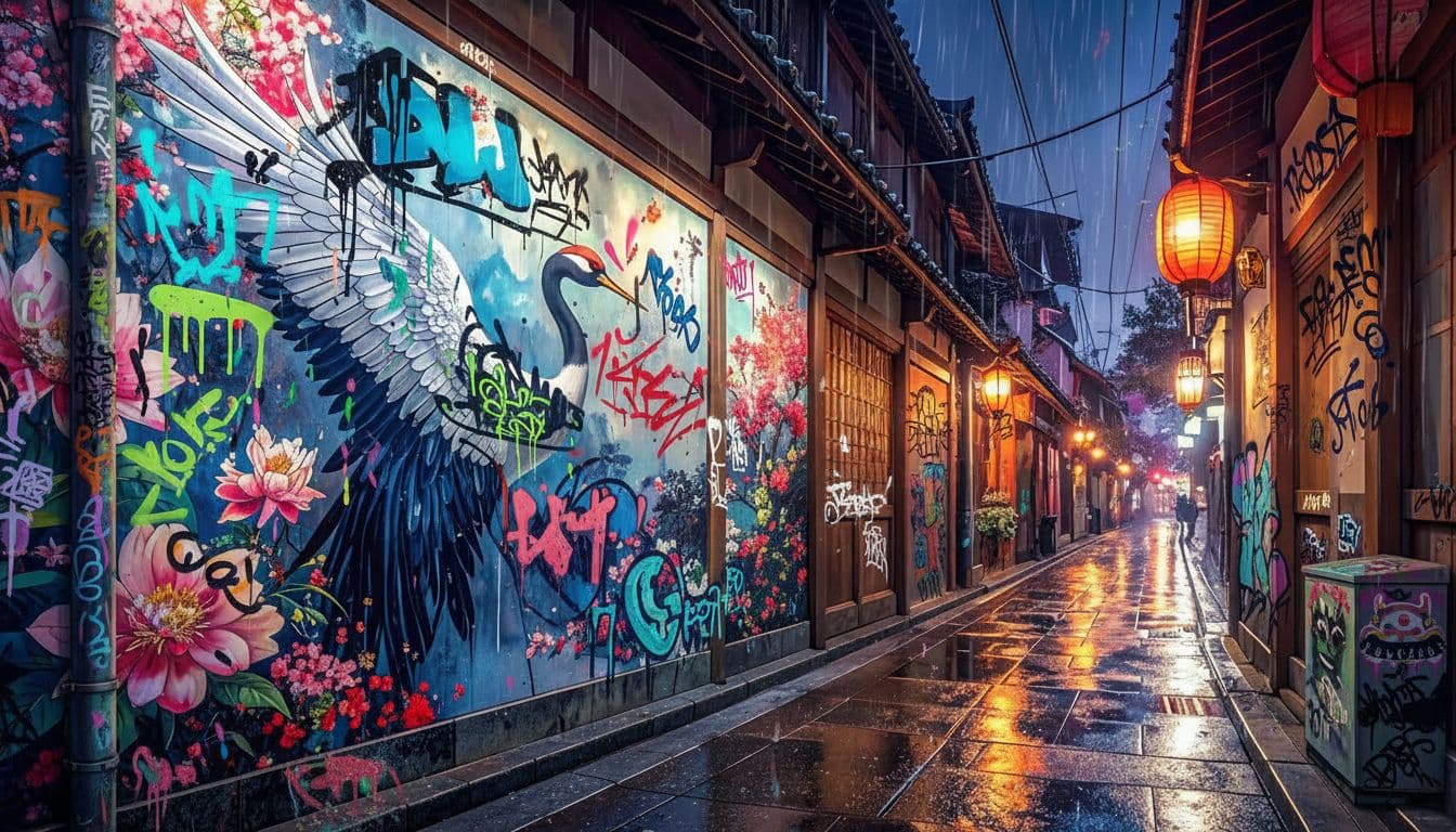 AI generated:  well-lit street scene mural with a japanese crane painting and colorful flowers and lanterns  light...