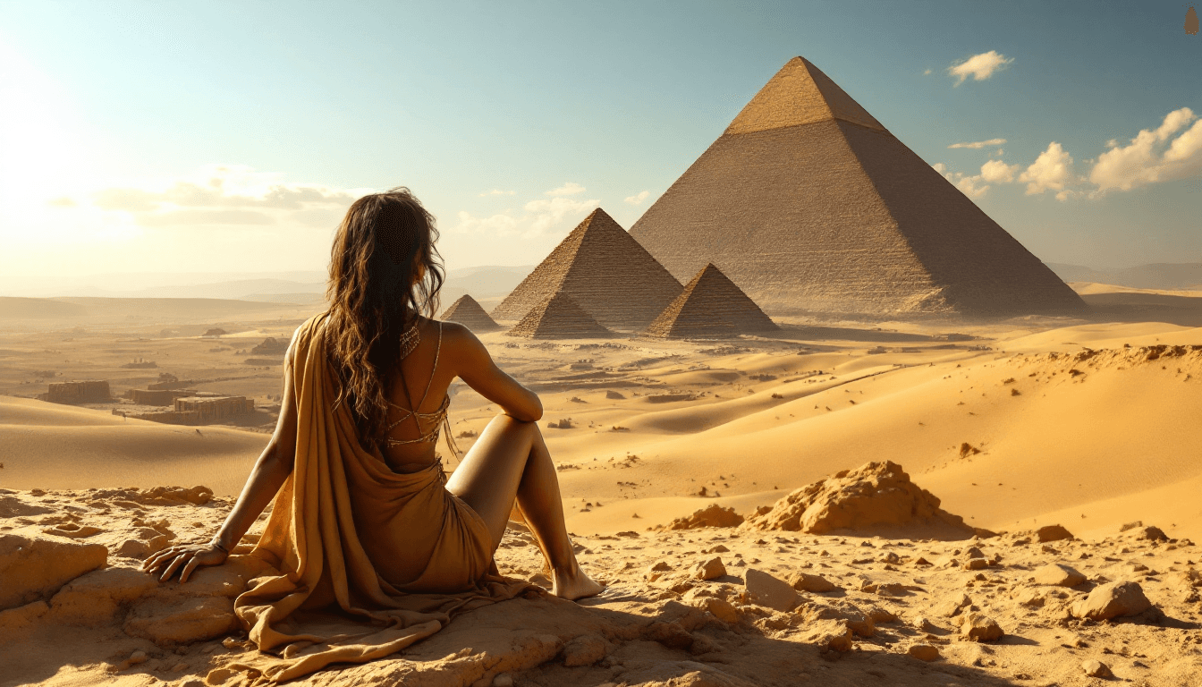 AI generated: withthe pyramids and the nil valley on her backsa full body view hot egyptian girl, barefoot, show f...