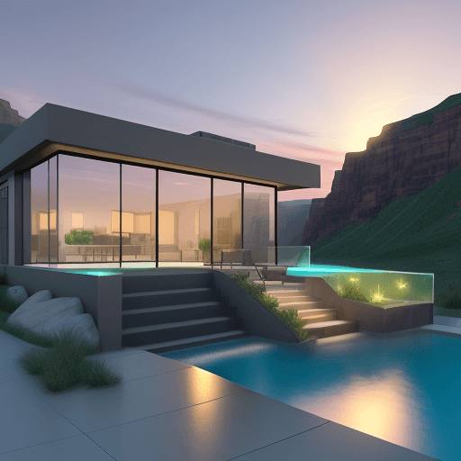 AI generated: On the canyon 2-floor house 3D model ultra height image glass building swimming pool landscape is gr...