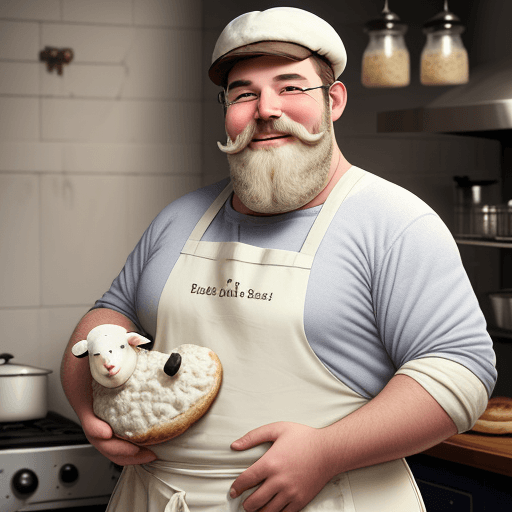 AI generated: a chubby baker, white mustache, white beard, wide smile, wearing a bakers hat, wearing an apron, gre...