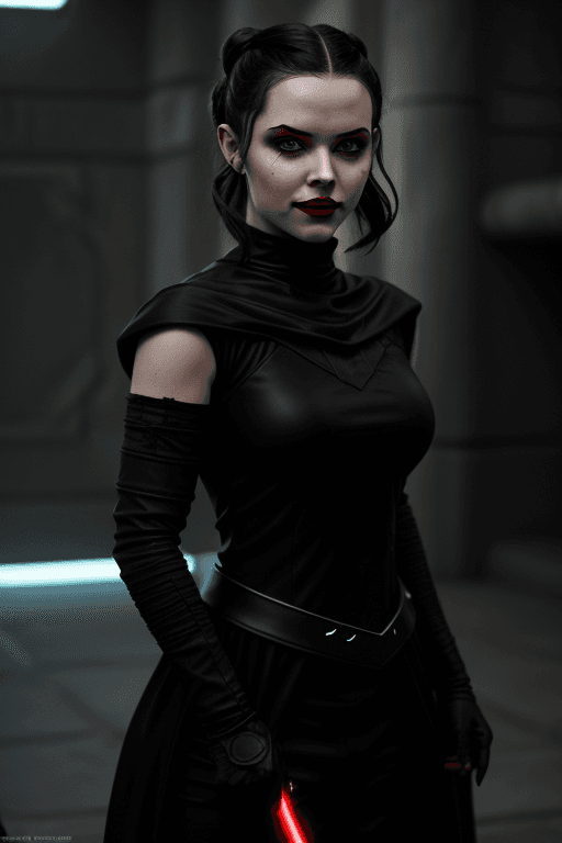 AI generated: rey skywalker as sith lady in black sith uniform, dark red lips, yellow eyes, evil smile