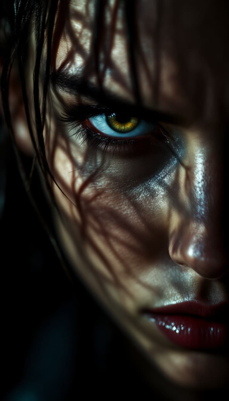 AI generated: Fierce woman with intense eyes, 3/4 turn view, dramatic lighting from below casting sharp shadows on...