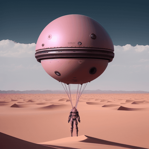 AI generated: a mechanical sphere floating over a pink desert, 2870's sci fi, illustration by alien technology and...