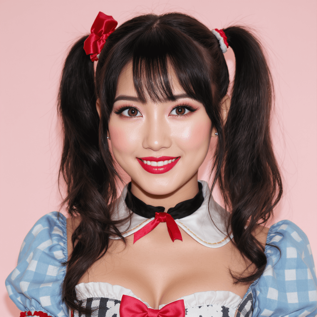 AI generated: A gorgeous brunette with pigtails and playmate makeup. The female has the appearance of an early 200...