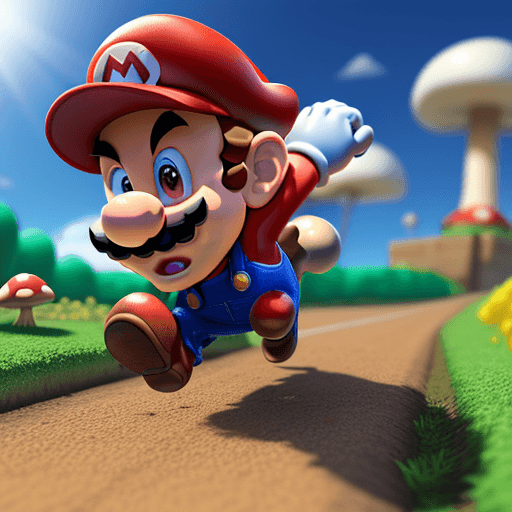 AI generated: Super-Mario running, Mushroom Kingdom background, 32k, closeup, trending on poltcount 3D, game --v 5...