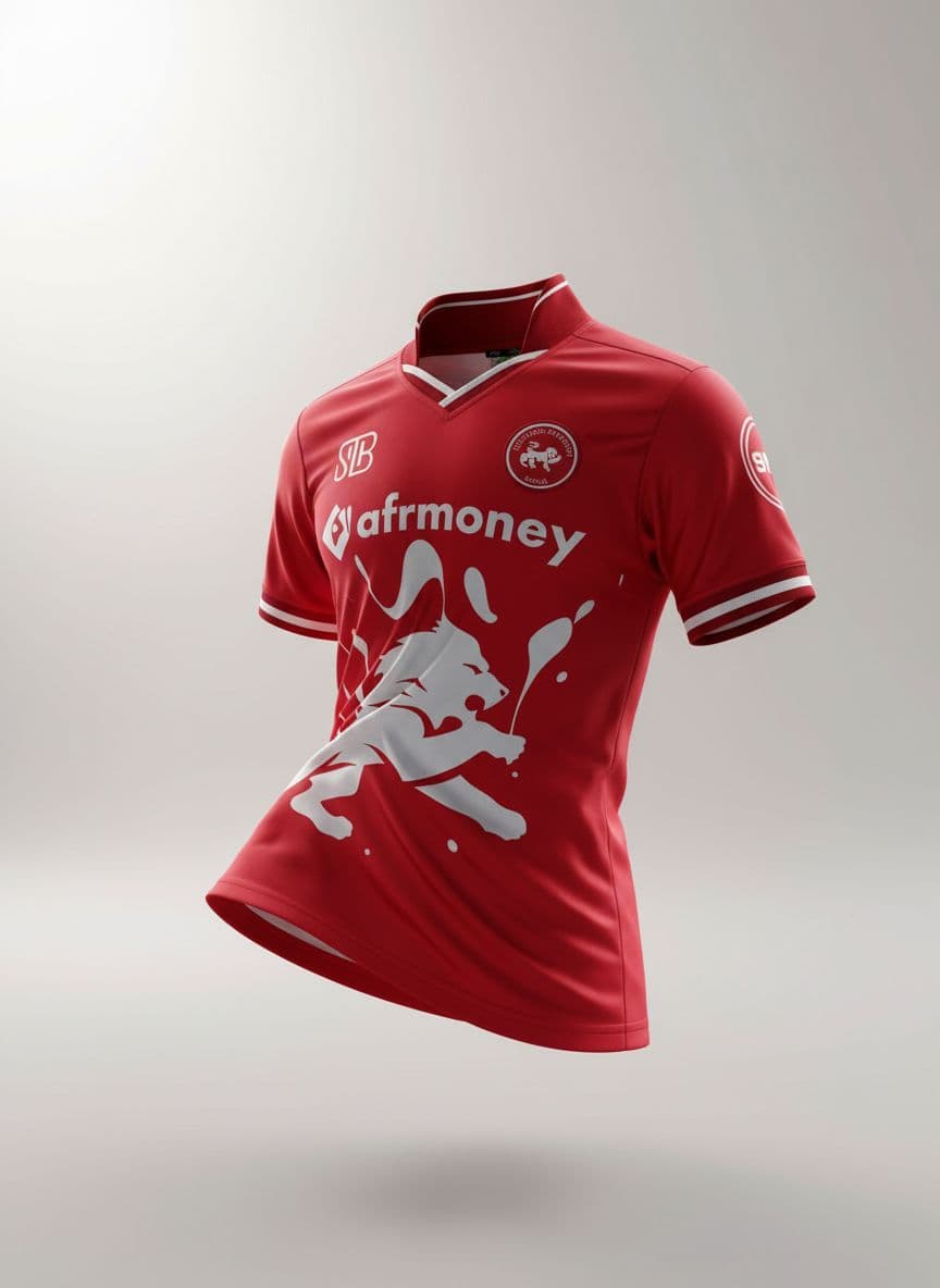 AI generated: A realistic 3D mock-up of a red soccer jersey in a “Dynamic Twist” action pose, viewed from a slight...