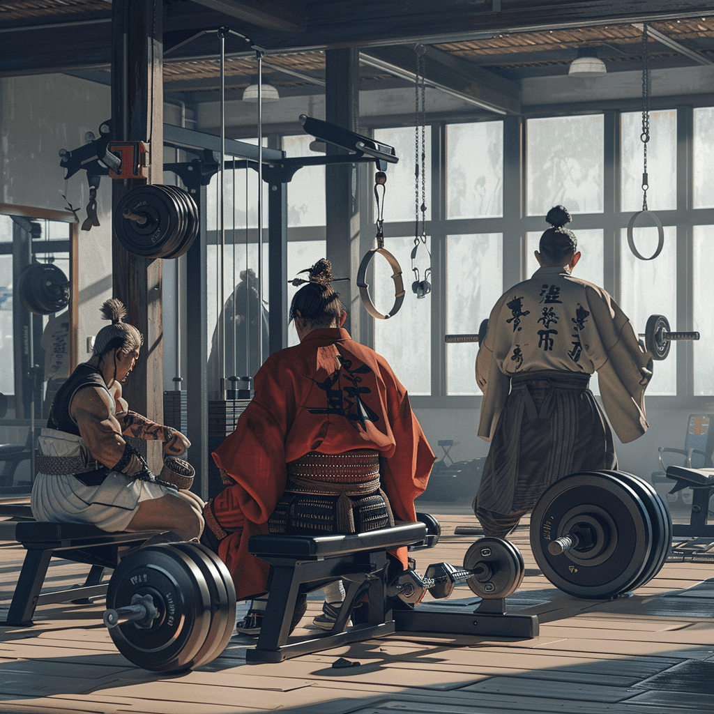 AI generated: In a modern American gym, equipped with modern exercise equipment, samurais are working out. The var...