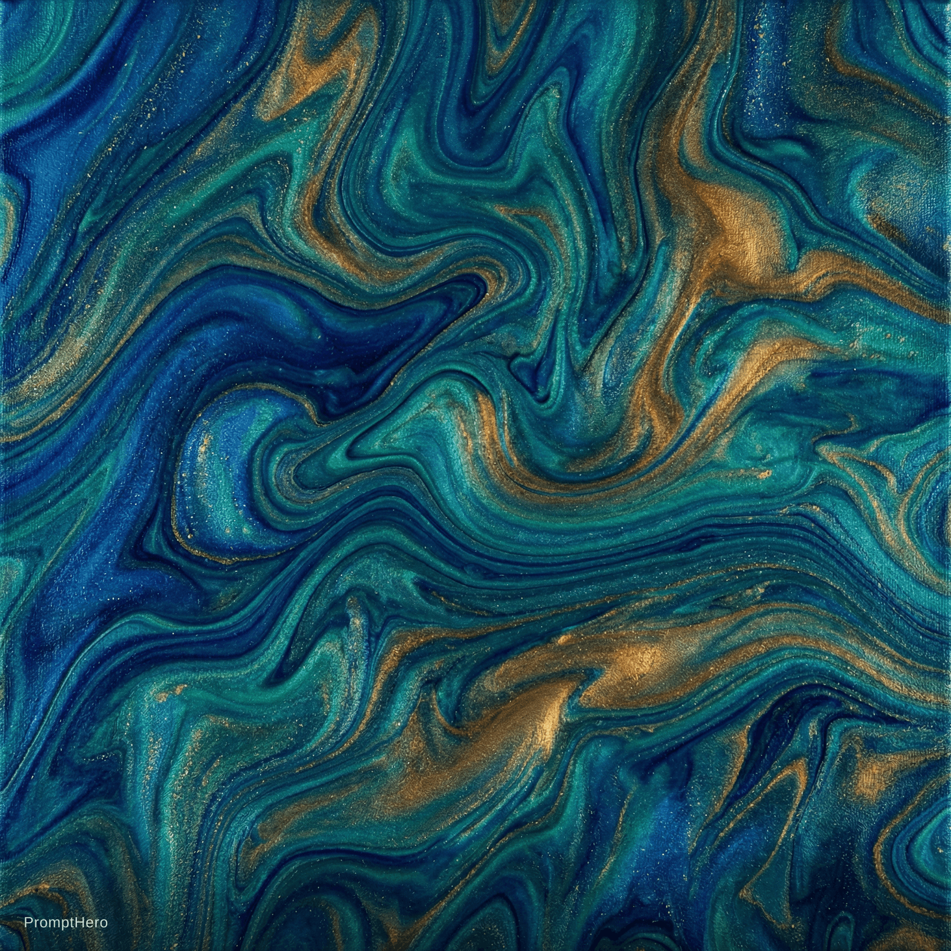 AI generated: abstract fluid art, deep ocean colors, blue teal and gold swirls, elegant and calming