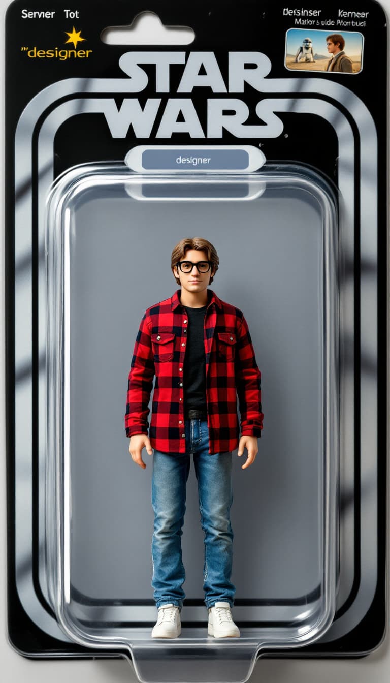 AI generated: A photo-realistic action figure packaged in a vintage 1980s Kenner Star Wars blister card. The figur...