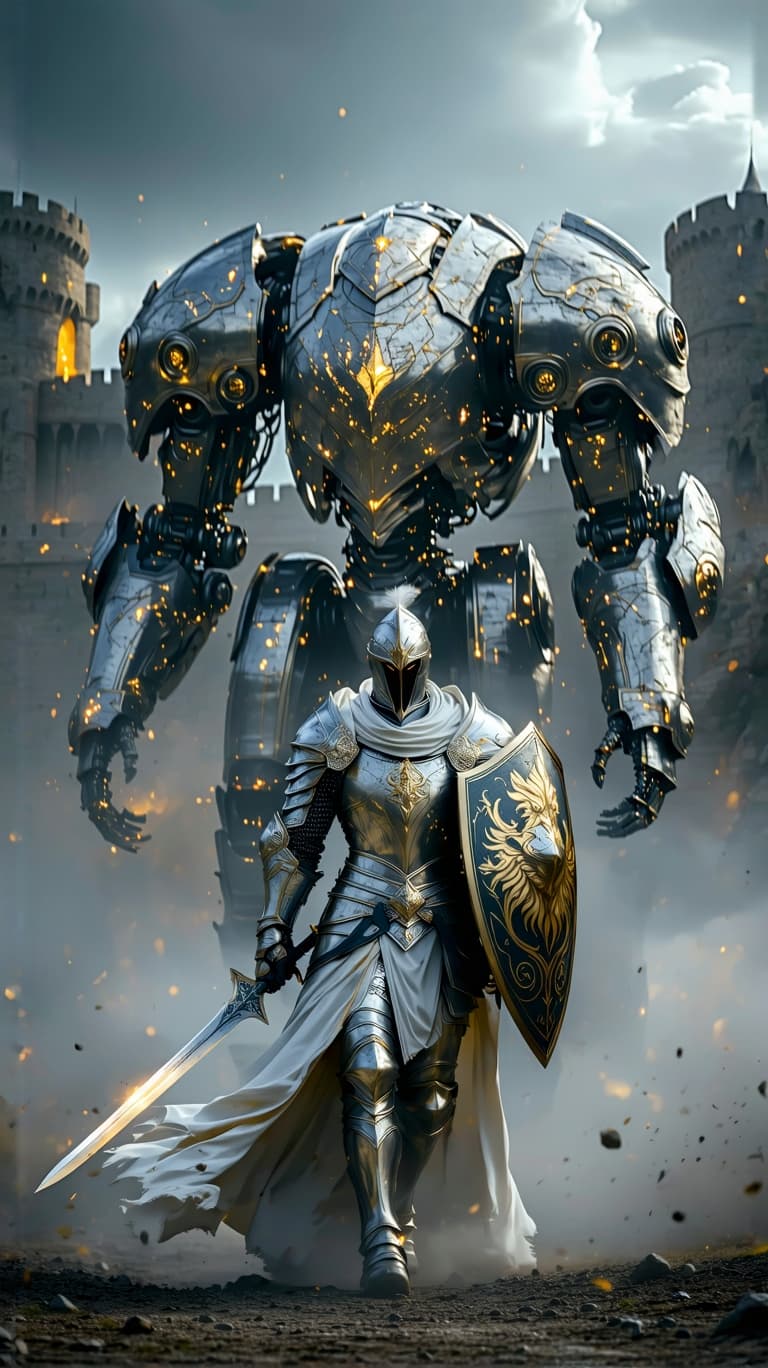 AI generated: An ultra-realistic, zoomed out, front facing, full-body portrait of a noble Paladin in gleaming silv...